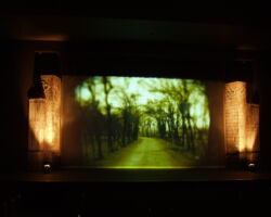 We started the production with a video that I designed. The film was of a pathway that wound up the mountain to the castle. Just as we reached the castle, a bat flew towards the camera with it mouth open and filled the screen. Black Out. Lights fade up behind the scrim.